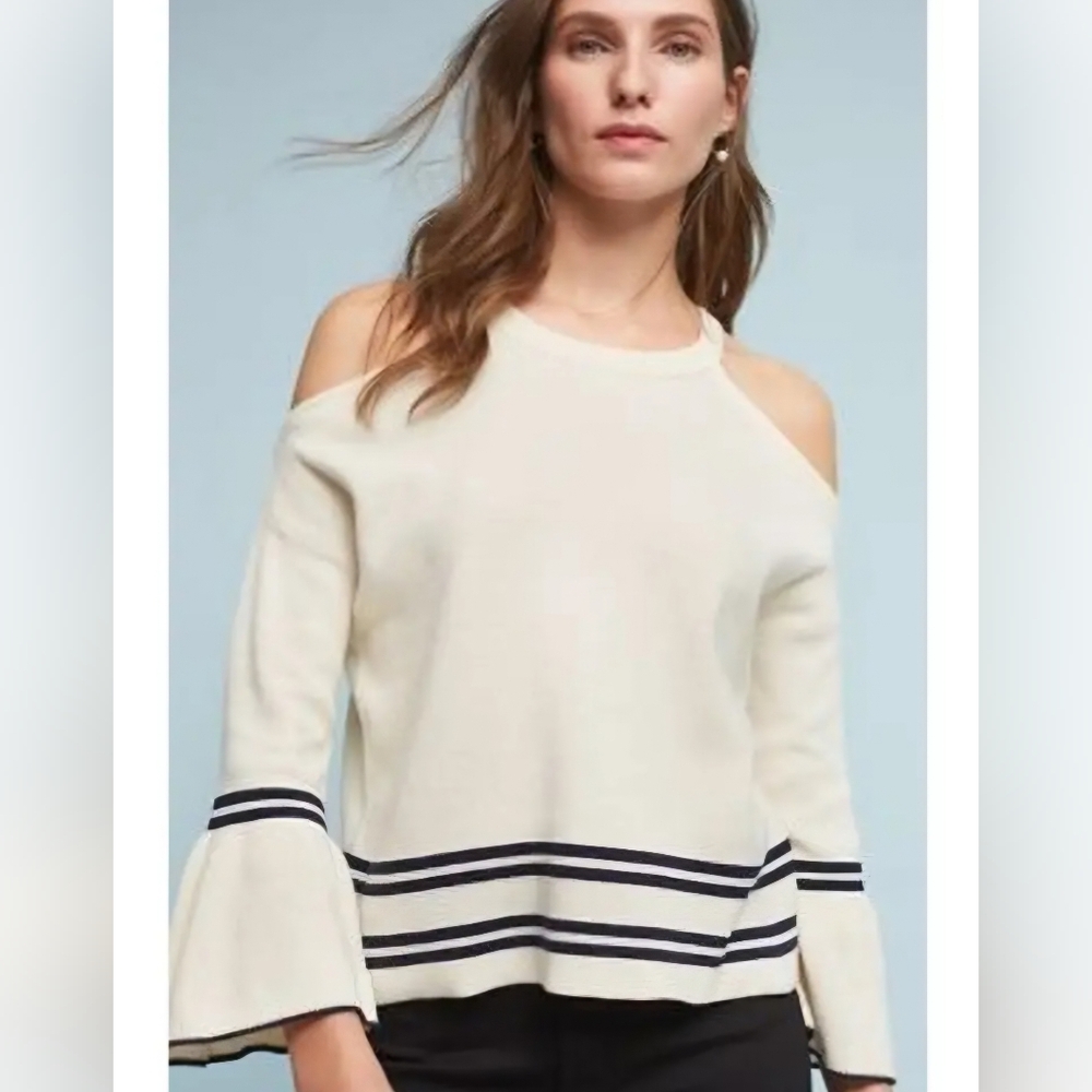 Knitted and‎ Knotted Anthropologie milk white open shoulder flare sleeves top M